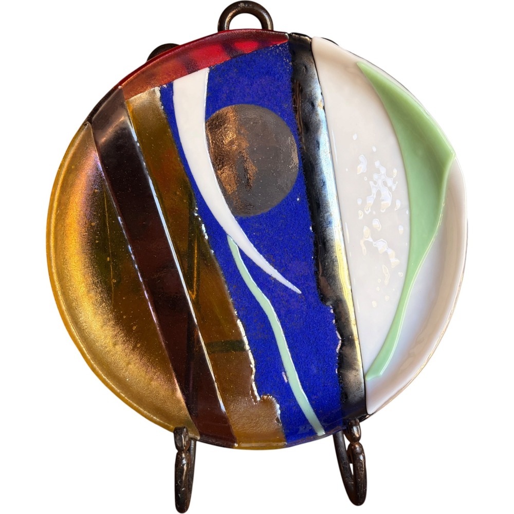 Abstract Fused Studio Art Glass 12" Round Wall Hanging Plate Blue Amber White